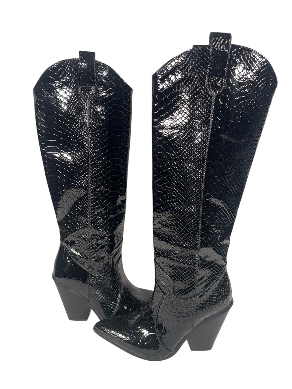Black Glossy Snake-Embossed Knee-High Western Boots